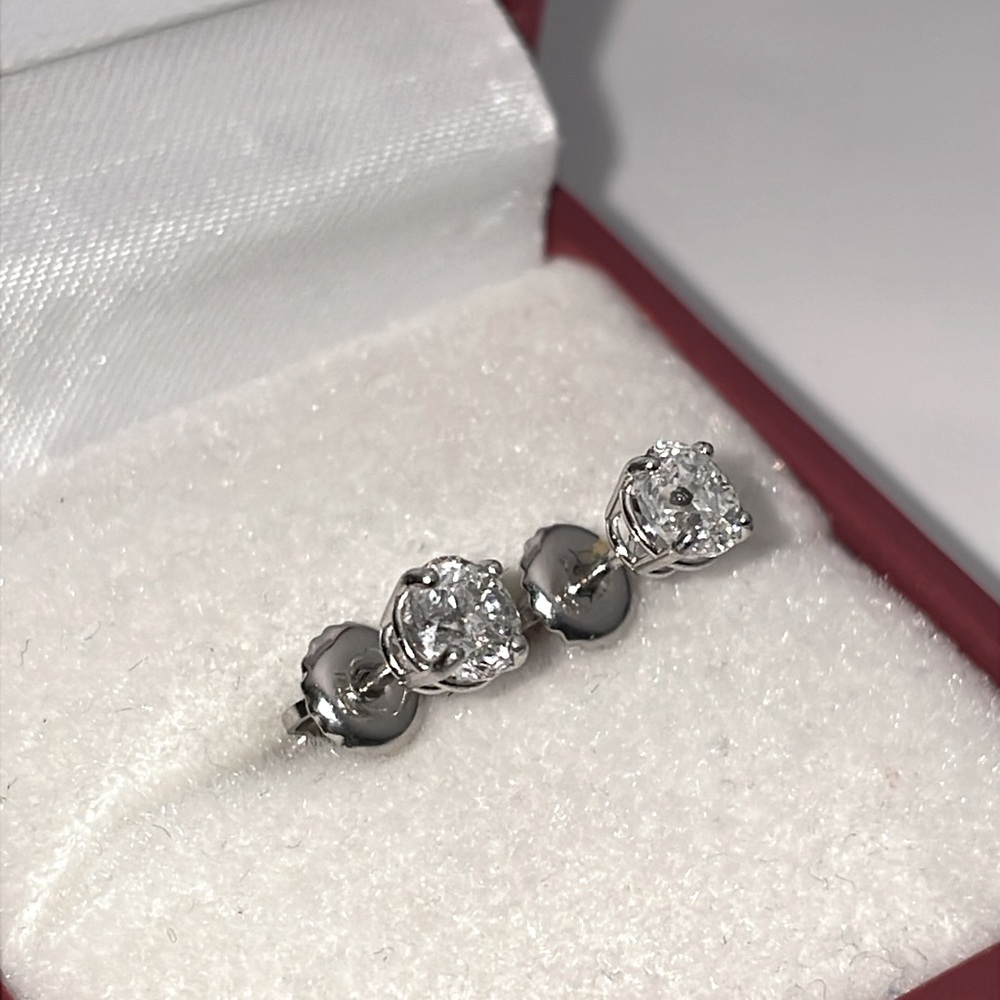 Solid Stamped 14K White Gold Natural 1.00CTW Diamond Stud Earrings Screw Backs - Picture 8 of 14